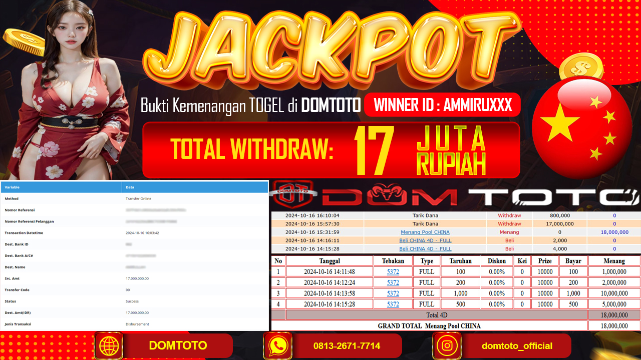 JACKPOT TOGEL CHINA 4D 16 OKTOBER 2024